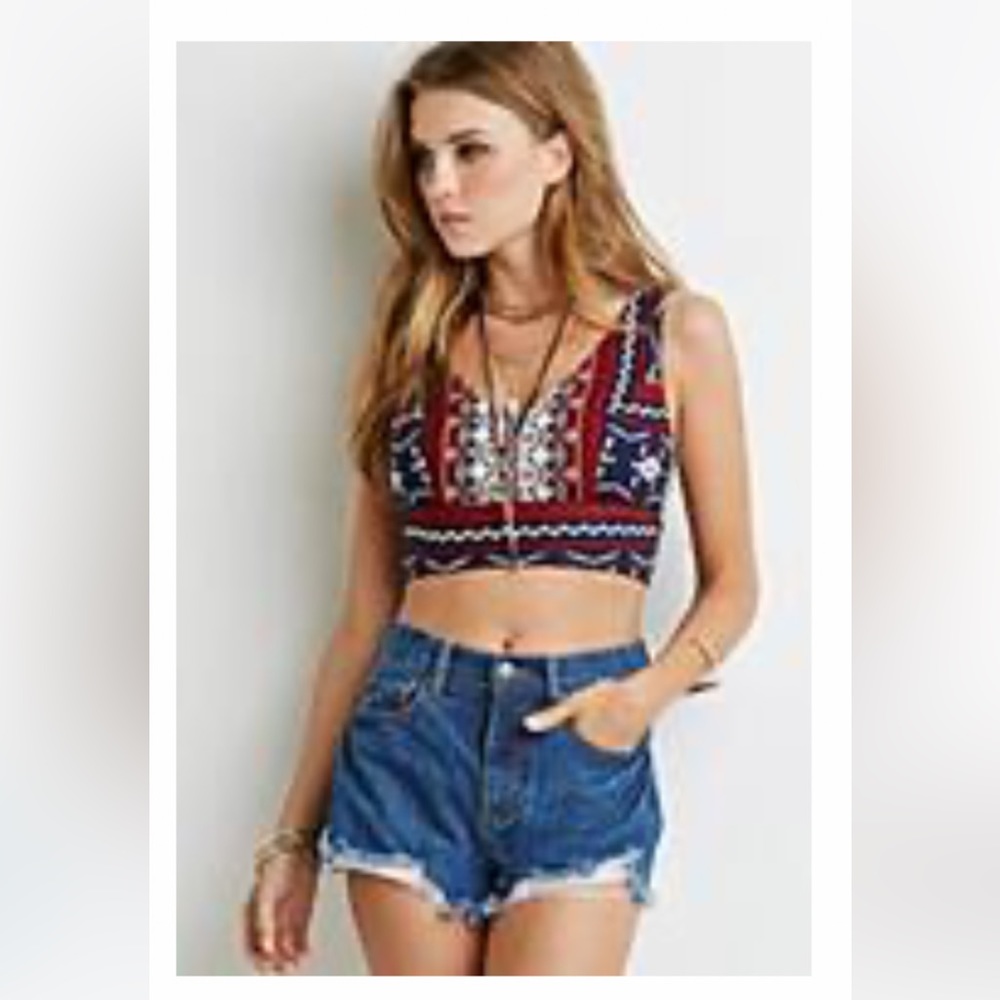 Printed Boho Hippie Aztec Red White Blue Crop Top